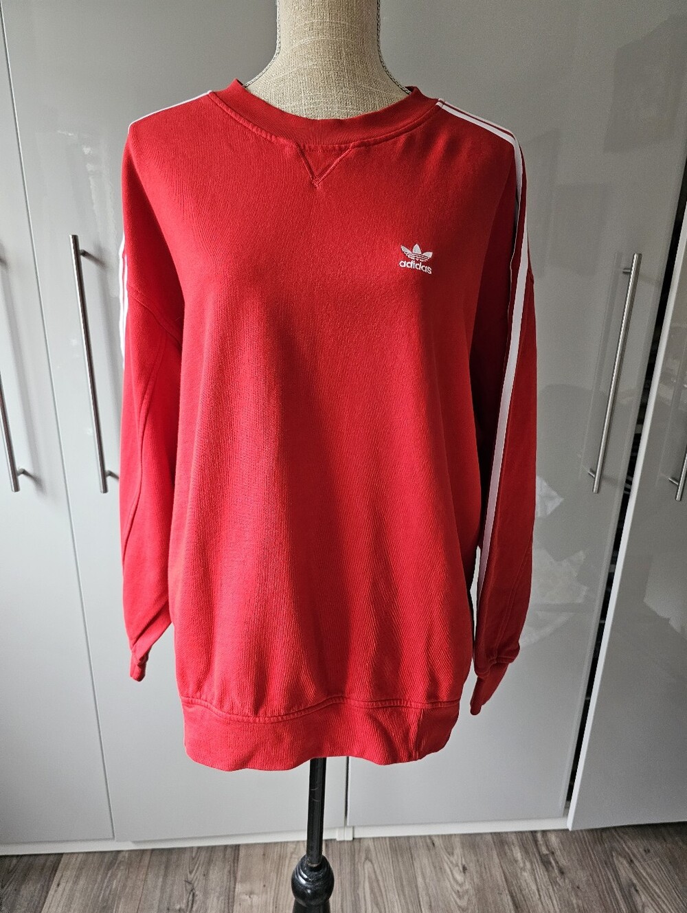 Adidas Red Oversized  Sweatshirt with White Sleeve Stripes